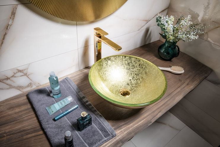 SAPHO BEAUTY umývadlová misa Shay 42 cm, bez prepadu, sklo, zlatá 2501-22 Obrázek - fotka