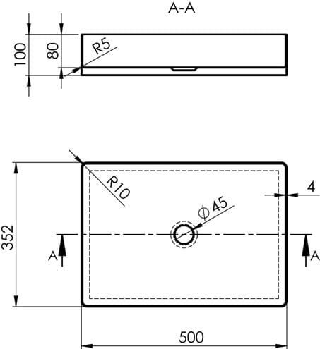 SAPHO AURUM umývadlo na dosku 50 cm, bez prepadu, nerez, matná zlatá AU203 Technický nákres