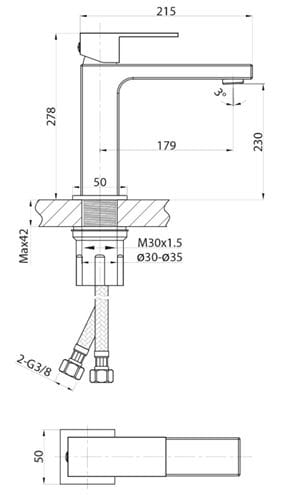 SAPHO CUBEMIX umývadlová stojanková batéria, matné zlato CM006GB Technický nákres
