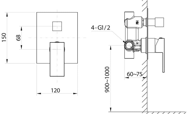 SAPHO CUBEMIX podomietková batéria, pre 2 spotrebiče, s telesom, matná čierna CM042B Technický nákres
