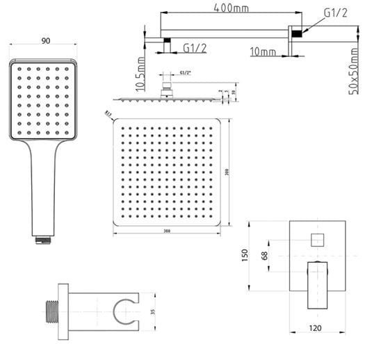 SAPHO CUBEMIX sprchový set s podomietkovou batériou, horná sprcha, ručná sprcha, hadica, držiak, chróm CM042-01 Technický nákres