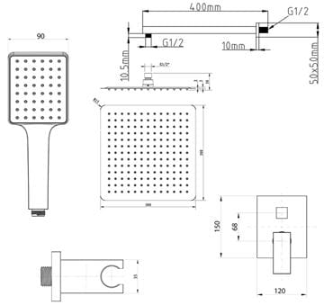 SAPHO CUBEMIX sprchový set s podomietkovou batériou, horná sprcha, ručná sprcha, hadica, držiak, chróm CM042-01 Technický nákres