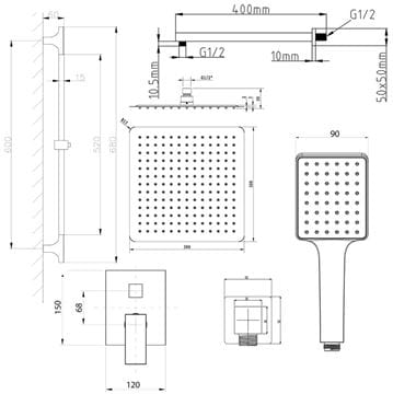 SAPHO CUBEMIX sprchový set s podomietkovou batériou, horná sprcha, ručná sprcha, tyč, hadica, matná čierna CM042B-02 Technický nákres