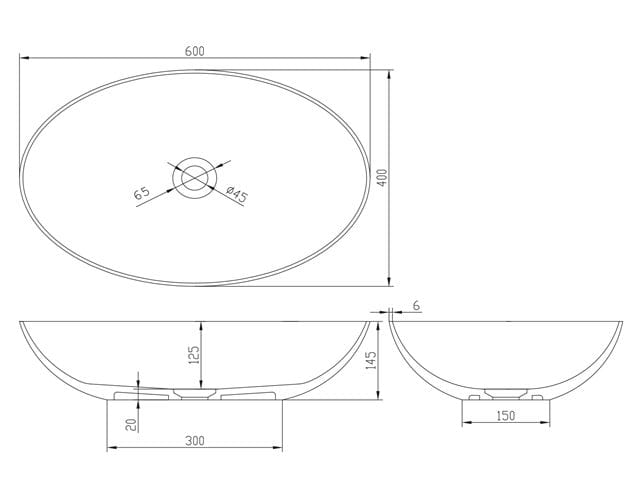 SAPHO FORMIGO umývadlová misa 60 cm, bez prepadu, betón, matná piesková FG214 Technický nákres