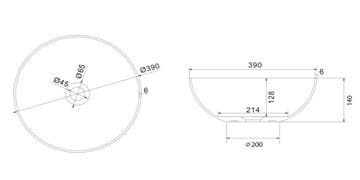 SAPHO FORMIGO umývadlová misa 39 cm, bez prepadu, betón, matná piesková FG314 Technický nákres