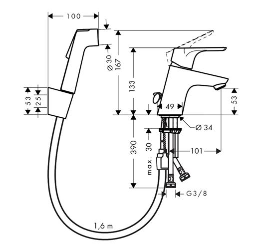 HANSGROHE FOCUS umývadlová stojanková batéria s bidetovou sprškou Bidette, EcoSmart, chróm 31926000 Obrázek - fotka
