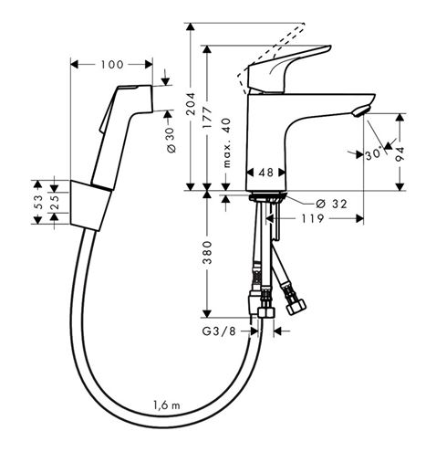 HANSGROHE FOCUS umývadlová stojanková batéria, s odtokovou súpravou a bidetovou sprškou, EcoSmart, chróm 31927000 Technický nákres