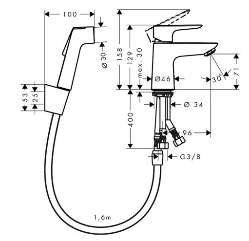 HANSGROHE TALIS E umývadlová stojanková batéria, s odtokovou súpravou a bidetovou sprškou, EcoSmart, chróm 71729000 Technický nákres