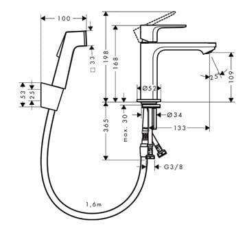 HANSGROHE REBRIS E umývadlová stojanková batéria s bidetovou sprškou, EcoSmart, chróm 72216000 Technický nákres