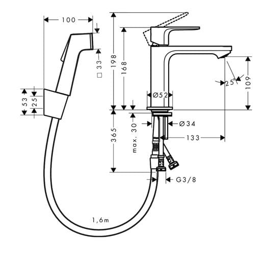 HANSGROHE REBRIS E umývadlová stojanková batéria s bidetovou sprškou, EcoSmart, chróm 72216000 Technický nákres