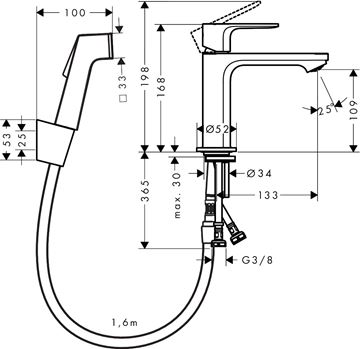 HANSGROHE REBRIS S umývadlová stojanková batéria s bidetovou sprškou, EcoSmart, matná čierna 72215670 Technický nákres