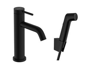 HANSGROHE TECTURIS S umývadlová stojanková batéria, s odtokovou súpravou a bidetovou sprškou, EcoSmart, matná čierna