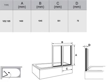 RAVAK VS2 105 vaňová zástena 105x140 cm, skladacia, biela/sklo transparent 796M0100Z1 Technický nákres