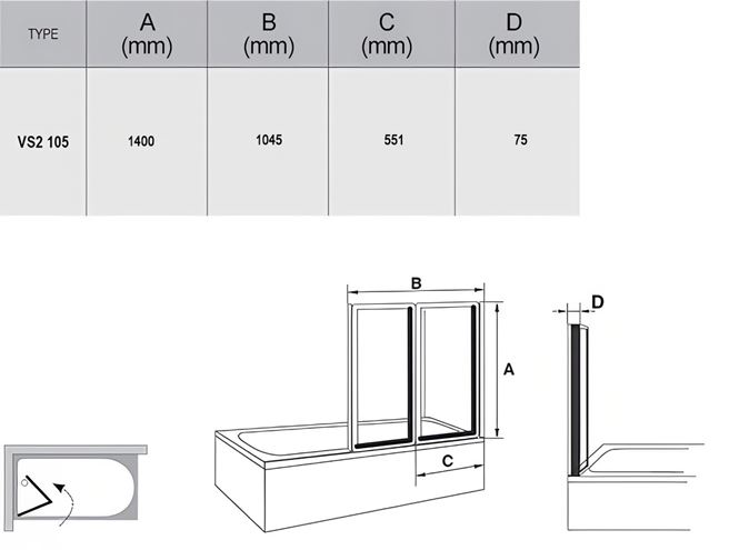 RAVAK VS2 105 vaňová zástena 105x140 cm, skladacia, satin/sklo transparent 796M0U00Z1 Technický nákres
