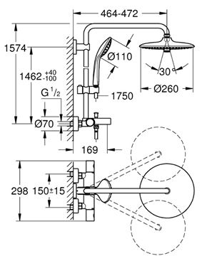 GROHE EUPHORIA SYSTEM 260 vaňová termostatická batéria, s hornou a ručnou sprchou s 3 prúdmi, chróm 27475002 Technický nákres
