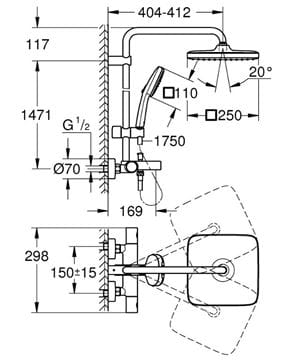 GROHE TEMPESTA SYSTEM 250 CUBE vaňová termostatická batéria, s hlavovou a ručnou sprchou s 2 prúdmi, Water Saving, matná čierna  266912431 Technický nákres