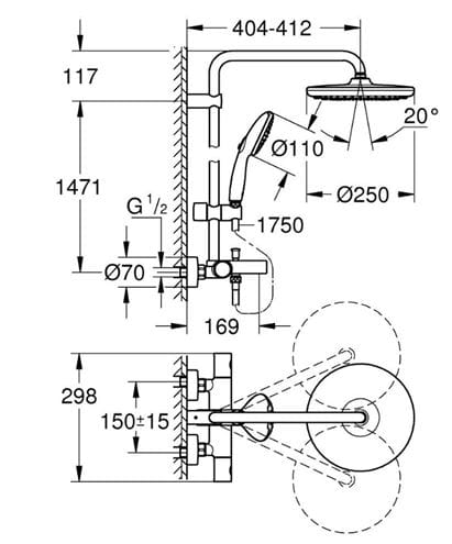 GROHE TEMPESTA SYSTEM 250 vaňová termostatická batéria, s hornou a ručnou sprchou s 2 prúdmi, Water Saving, matná čierna  266722431 Technický nákres
