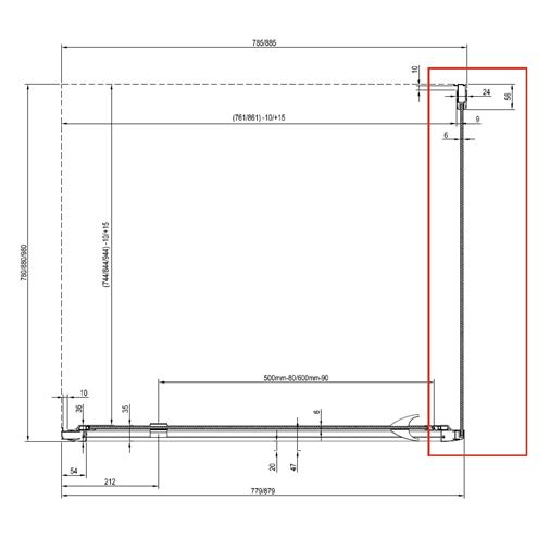RAVAK PIVOT PPS 90 bočná stena 90x190 cm, čierna/číre sklo 90G70300Z1 Technický nákres