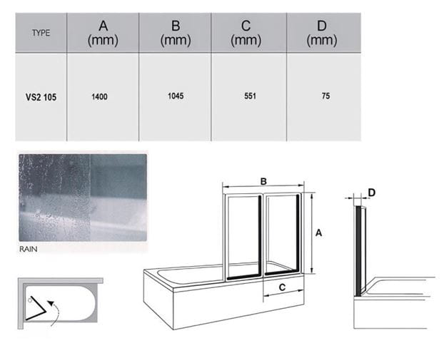 RAVAK VS2 105 vaňová zástena 105x140 cm, skladacia, biela/plast rain 796M010041 Obrázek - fotka