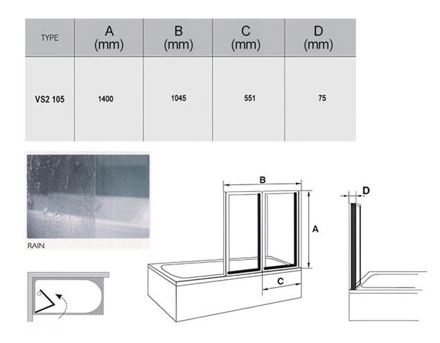 RAVAK VS2 105 vaňová zástena 105x140 cm, skladacia, satin/plast rain 796M0U0041 Technický nákres