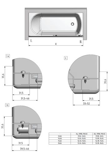 ROTH LEGA LLV2/1600 vaňová zástena 160x150 cm, posuvná, brillant/sklo transparent 572-1600000-00-02 Technický nákres