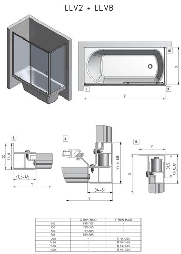ROTH LEGA LLVB/700 bočná stena 70x150 cm, brillant/sklo transparent 573-7000000-00-02 Technický nákres