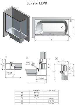 ROTH LEGA LLVB/700 bočná stena 70x150 cm, brillant/sklo transparent 573-7000000-00-02 Technický nákres