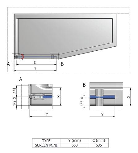 ROTH PROJECT SCREEN MINI vaňová zástena 66x140 cm, lietacia, brillant / sklo transparent 217-7000000-00-09 Technický nákres