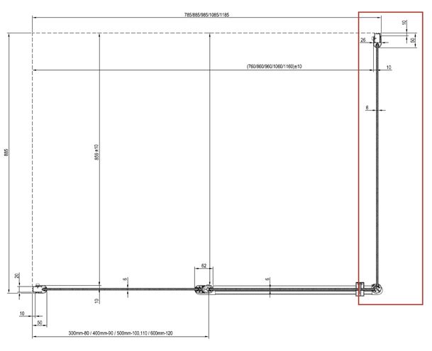 RAVAK CHROME CPS 90 bočná stena 90x195 cm, satin/číre sklo 9QV70U00Z1 Technický nákres
