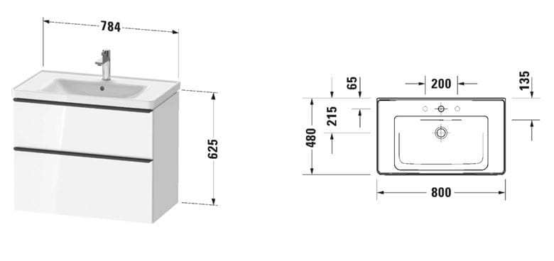 DURAVIT D-NEO skrinka s umývadlom 80x48x62,5 cm, 2 zásuvky, dub čierny DE012101616 Technický nákres