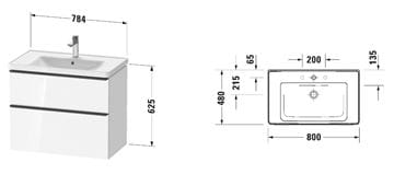 DURAVIT D-NEO skrinka s umývadlom 80x48x62,5 cm, 2 zásuvky, dub čierny DE012101616 Technický nákres