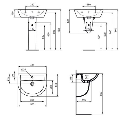 IDEAL STANDARD EUROVIT umývadlo 50 cm, s otvorom pre batériu a prepadom W332801 Technický nákres