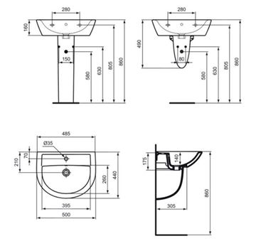 IDEAL STANDARD EUROVIT umývadlo 50 cm, s otvorom pre batériu a prepadom W332801 Technický nákres