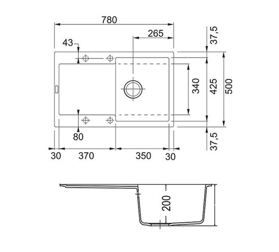 FRANKE MARIS MRG 611 fragranitový drez 780x500 mm, otočný, odkvapkávač, pieskový melír 114.0284.834 Technický nákres