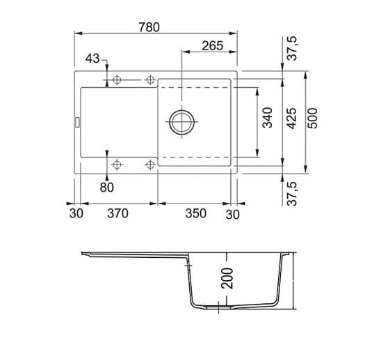 FRANKE MARIS MRG 611 fragranitový drez 780x500 mm, otočný, odkvapkávač, biela ľad 114.0284.832 Technický nákres