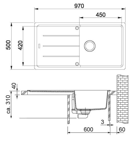 FRANKE BASIS BFG 611 fragranitový drez 970x500 mm, otočný, odkvapkávač, sivý kameň 114.0285.314 Technický nákres