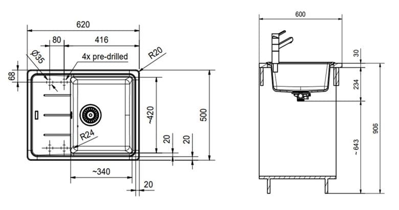 FRANKE BASIS BFG 611-62 fragranitový drez 620x500 mm, otočný, odkvapkávač, sivý kameň 114.0285.118 Technický nákres