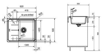 FRANKE BASIS BFG 611-62 fragranitový drez 620x500 mm, otočný, odkvapkávač, sivý kameň 114.0285.118 Technický nákres