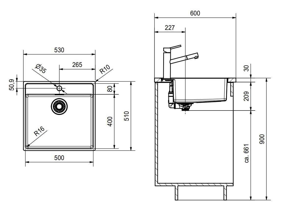 FRANKE MRX 210/610-50 TL nerezový drez 530x510 mm, otvor pre batériu 127.0539.574 Technický nákres