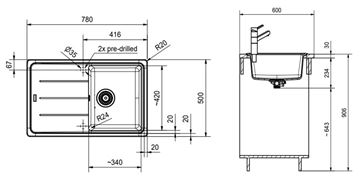 FRANKE BASIS BFG 611-78 fragranitový drez 780x500 mm, otočný, odkvapkávač, sahara 114.0285.184 Technický nákres