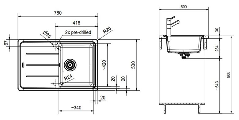 FRANKE BASIS BFG 611-78 fragranitový drez 780x500 mm, otočný, odkvapkávač, sahara 114.0285.184 Technický nákres