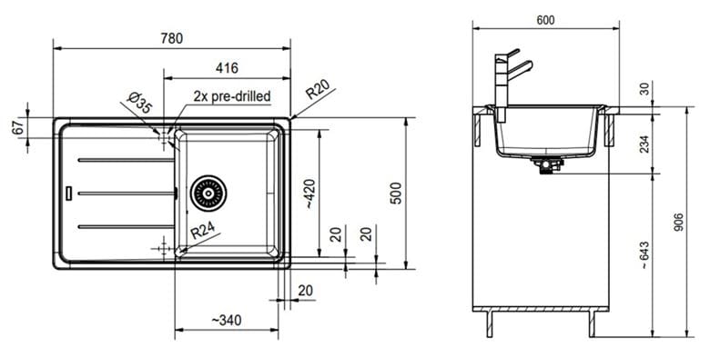 FRANKE BASIS BFG 611-78 fragranitový drez 780x500 mm, otočný, odkvapkávač, sivý kameň 114.0285.186 Technický nákres