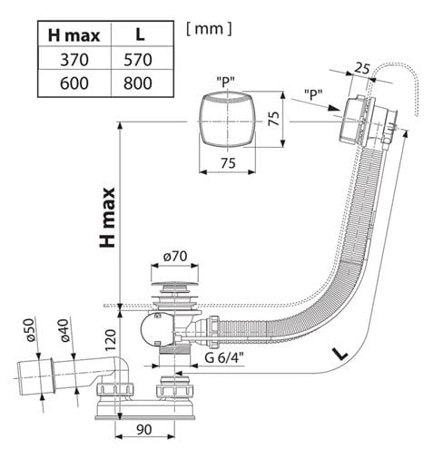 RAVAK vaňový sifón 80 cm, bovden, chróm X01506 Technický nákres