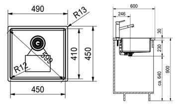 FRANKE BOX BXX 210/110-45 nerezový drez 490x450 mm 127.0395.014 Technický nákres