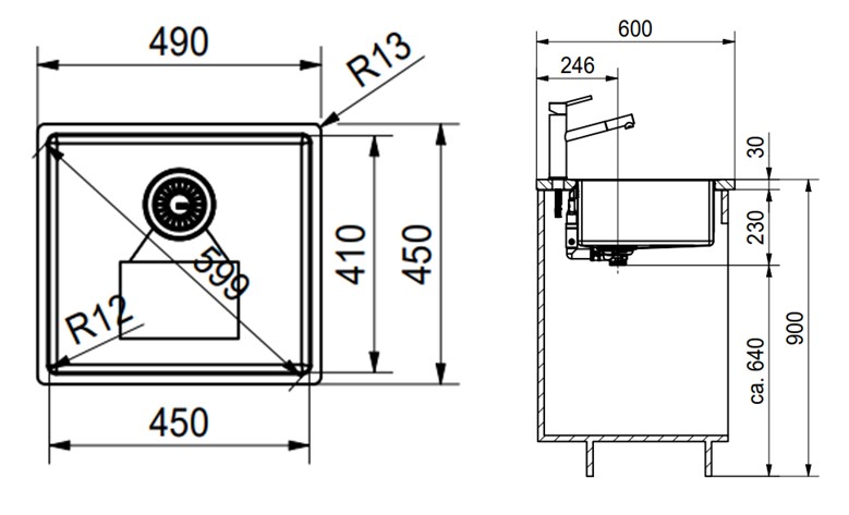 FRANKE BOX BXX 210/110-45 nerezový drez 490x450 mm 127.0395.014 Technický nákres