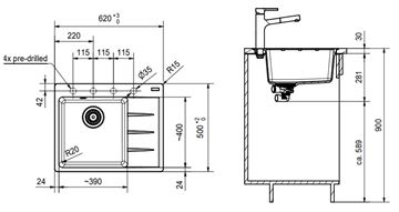 FRANKE CENTRO CNG 611-62TL/2 fragranitový drez 620x500 mm, odkvapkávač vpravo, onyx 114.0637.503 Technický nákres