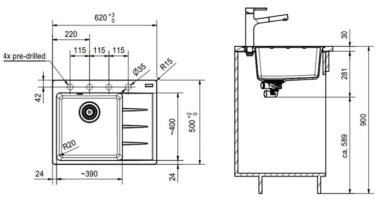 FRANKE CENTRO CNG 611-62TL/2 fragranitový drez 620x500 mm, odkvapkávač vpravo, onyx 114.0637.503 Technický nákres