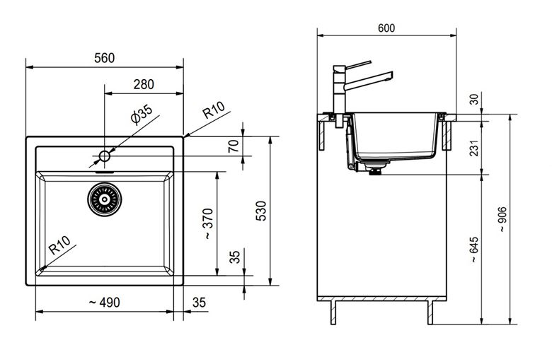 FRANKE SIRIUS SID 610 tectonitový drez 560x530 mm, otvor pre batériu, čierna 114.0264.011 Technický nákres