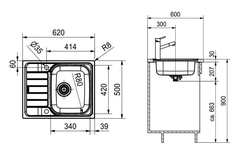 FRANKE SPARK SKN 611-62 nerezový drez 620x500 mm, otočný, odkvapkávač 101.0712.159 Technický nákres