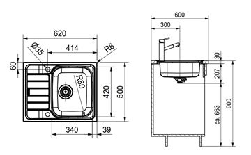 FRANKE SPARK SKN 611-62 nerezový drez 620x500 mm, otočný, odkvapkávač 101.0712.159 Technický nákres